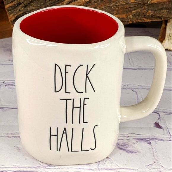 Rae Dunn DECK THE HALLS White/Red Ceramic Mug - Picture 1 of 6